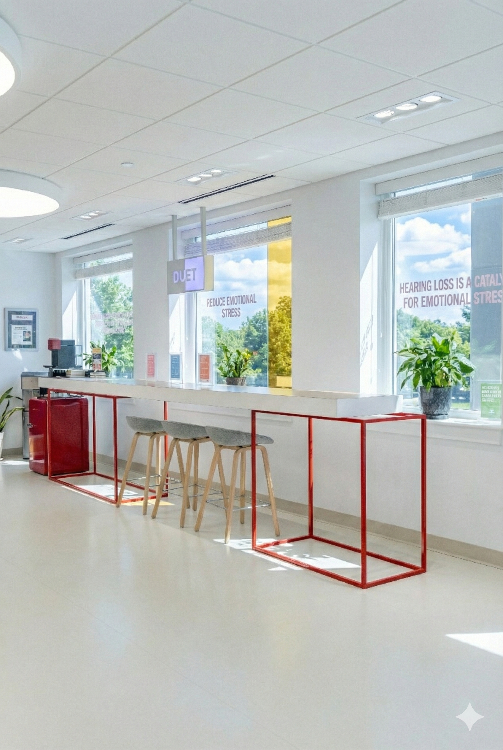 Bright hearing clinic waiting area with stools, plants, and window graphics
